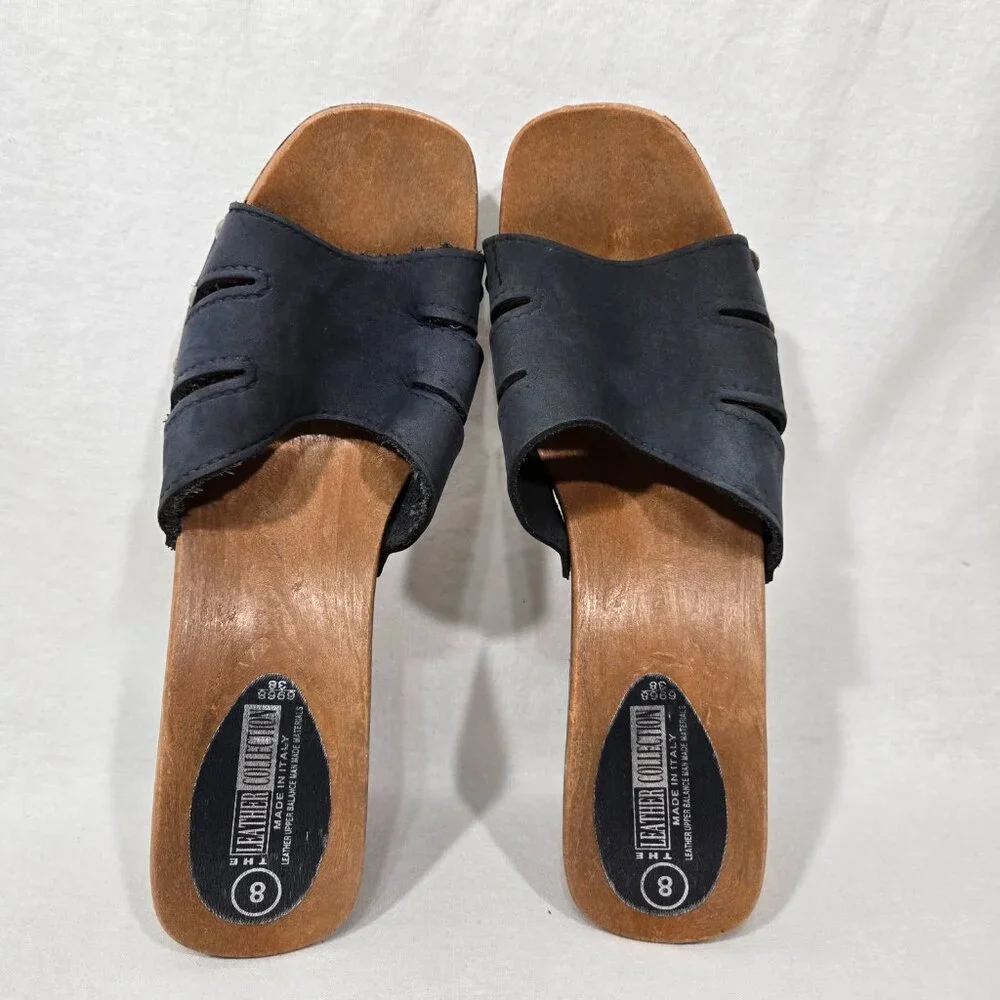 Vintage THE LEATHER COLLECTION Blue Leather Chunky Heels Platform Sandals Size 8 - Picture 6 of 17